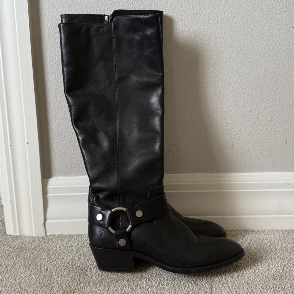 Frye Black Leather Knee-High Harness Boots